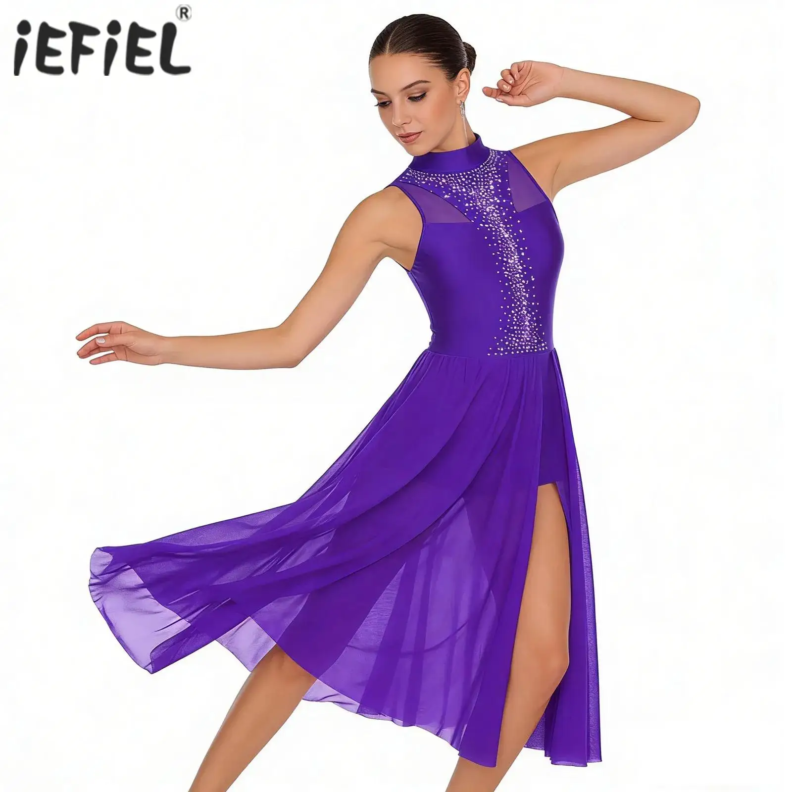 Women Ballet Lyrical Dance Performance Costume Sparkly Rhinestone Figure Skating Dress Mock Neck Back Keyhole Side Split Dresses