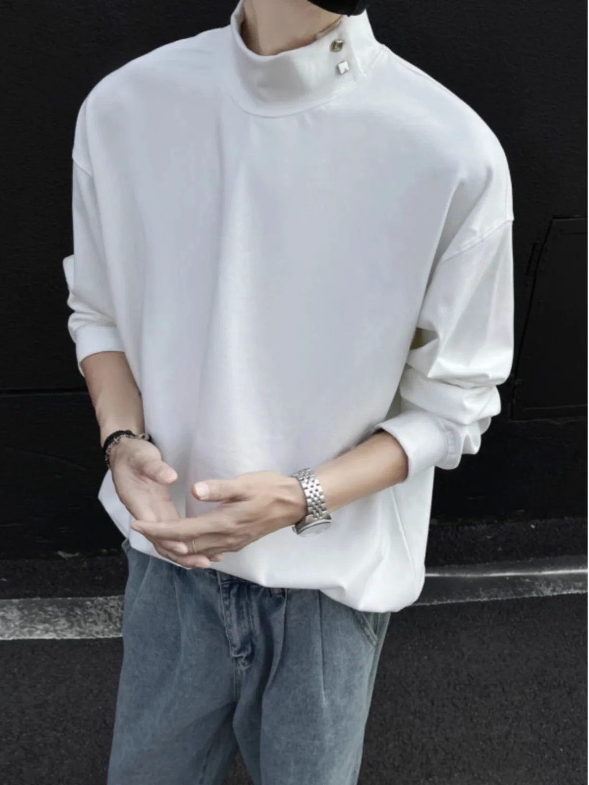 

Thickened Half-High Collar Men's Long Sleeve T-Shirt Warm And Slim Fit Autumn Winter Fashionable Sweatshirt White Base Shirt