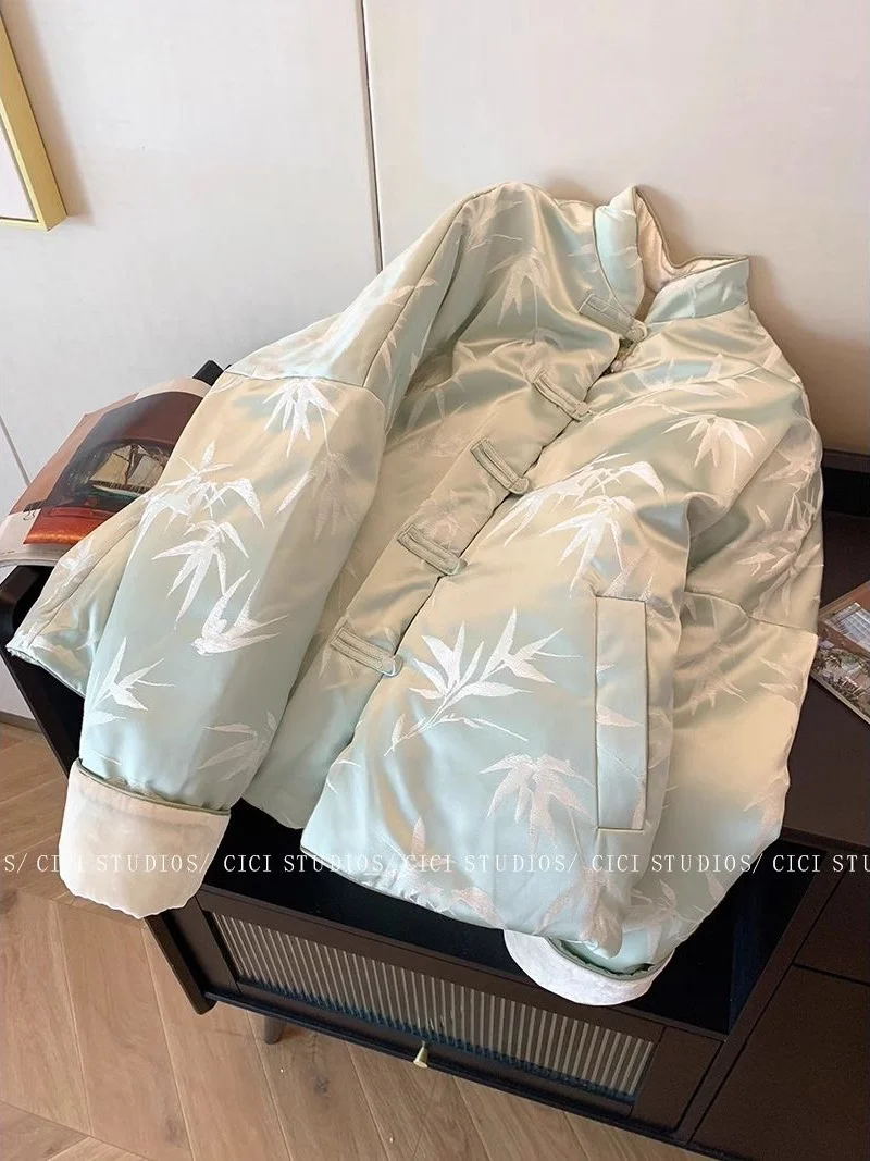 

Женская куртка с принтом бамбукового листа в китайском стиле, новинка 2023 года, зимняя базовая куртка на пуговицах с лягушкой, хлопковое утепленное теплое пальто, модная одежда