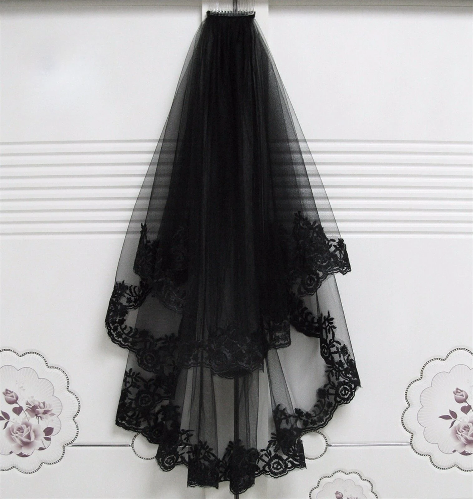 

Women Bride Bridal Black Halloween Wedding head hair Lace Party Veil With Comb