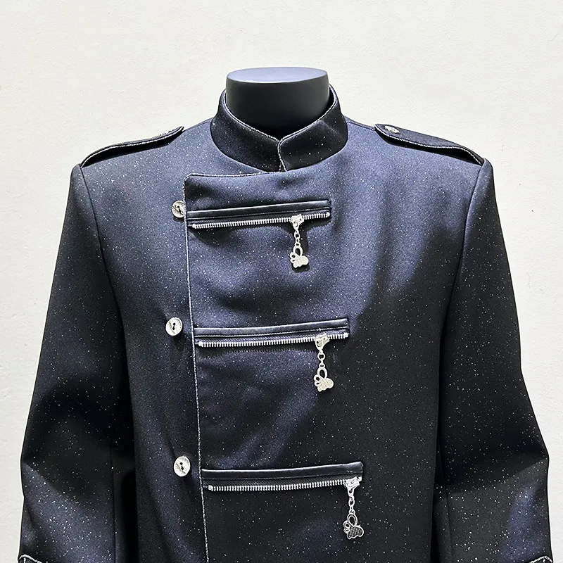 Men's Deconstructed Stand Collar Jacket with Metal Trim and Cropped Fit for Industrial Punk Styling and Dramatic Stage Wardrobes