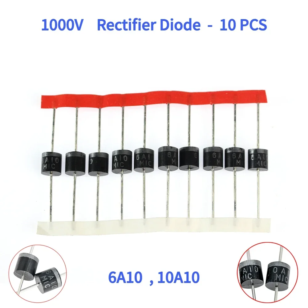 10Pcs/set Rectifier Diodes Kit 1000V 6A/10A DO-27  Electrical Axial Rectifier Diode Kit Schottky Diodes Kit 6A10 10A10 Diode