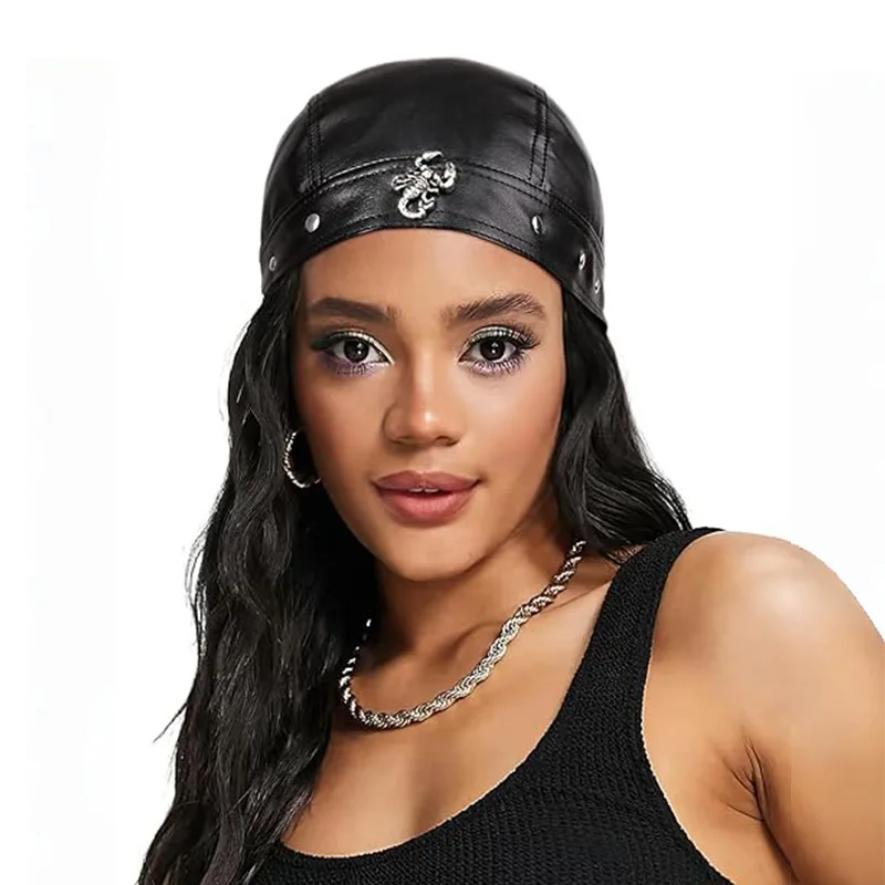 Leather Biker Cap Unisex Adjustable Skull Cross Motorcycle Doo Rag Punk Riding Headwrap Hat for Men Women