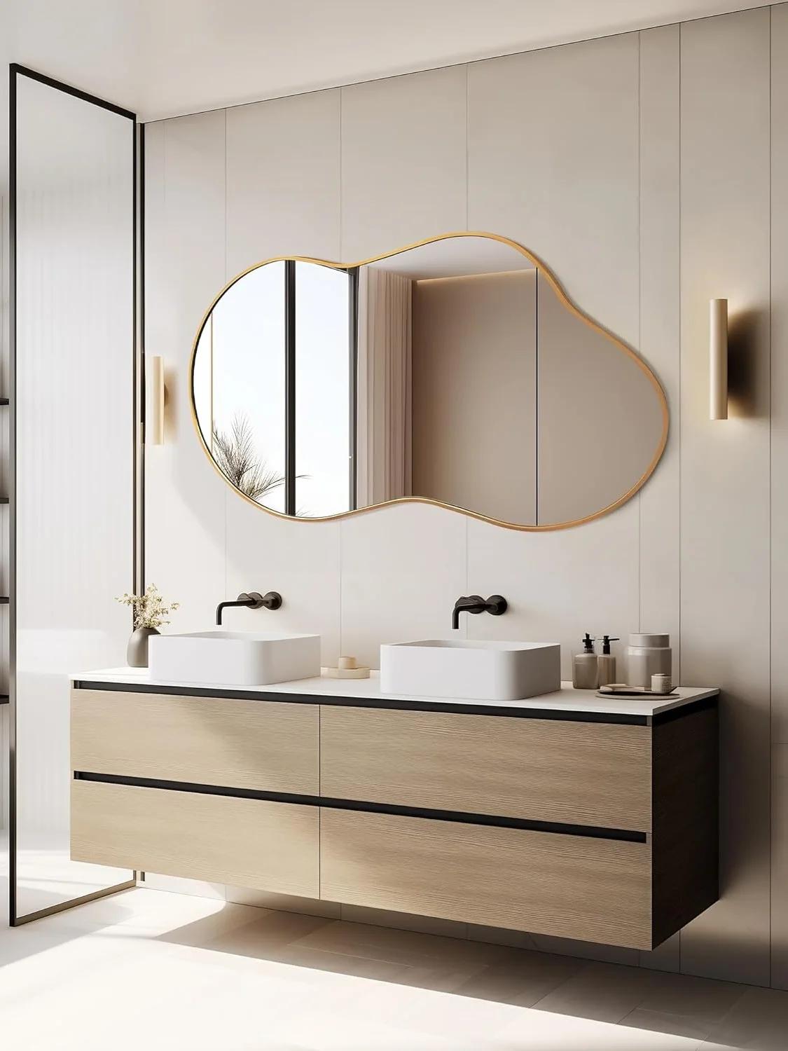 Wandspiegel, decoratieve badkamerspiegel met onregelmatig metalen frame, cosmetische spiegel voor slaapkamer, badkamer, entree, stijlvol - afbeelding 2