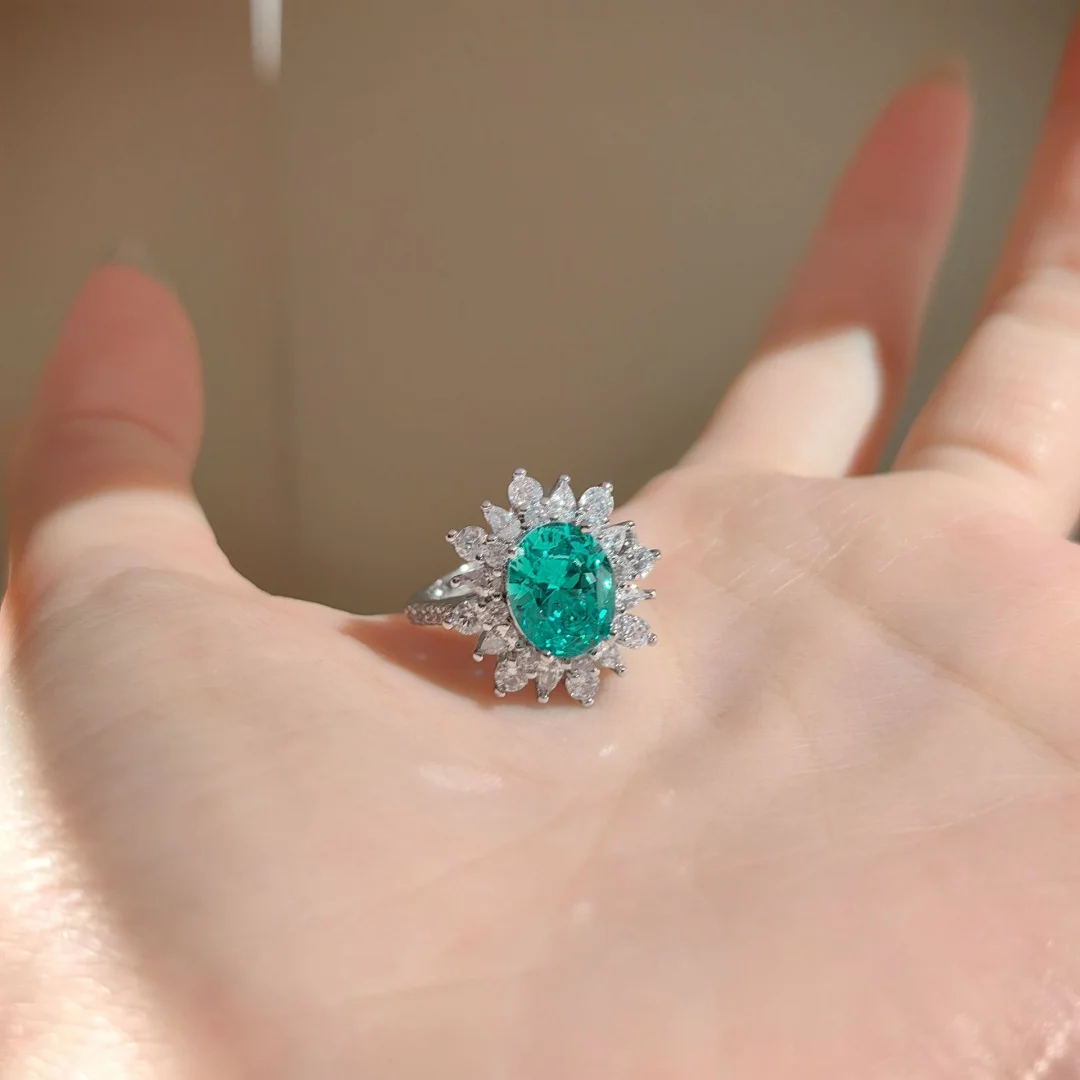 925 Sterling Silber Luxuriöser Modischer Ring mit ovalem Paraiba-Stein, Retro Premium Taubenei Kubikzirkonia Damenring – Detail 4