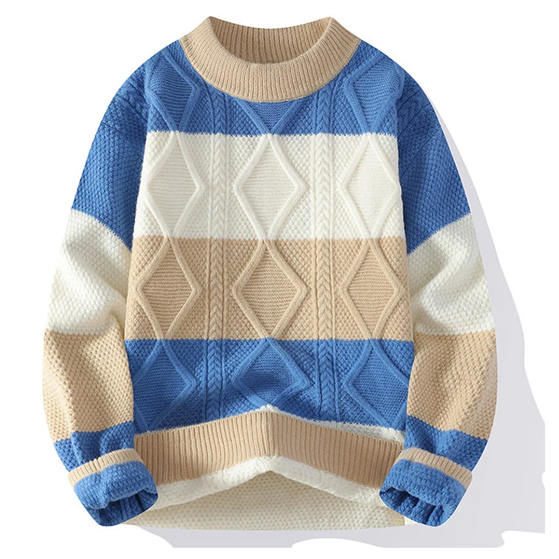 เสื้อสเวตเตอร์ลำลองผู้ชาย สไตล์วัยรุ่น สดใส แฟชั่นลายปะติด ถักนิตติ้ง คอเต่า แขนยาว สำหรับฤดูใบไม้ร่วงและฤดูหนาว