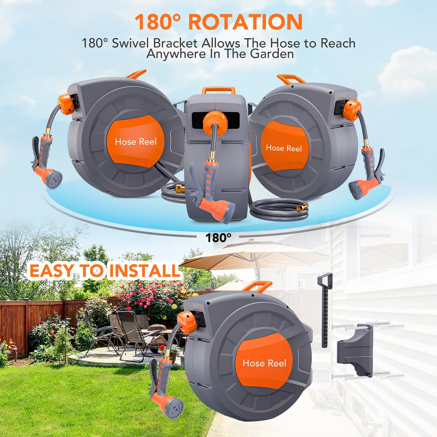 Retractable & Wall-Mounted Garden Hose Reel - 1/2