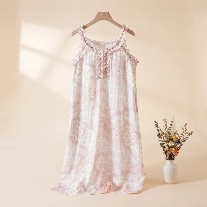 

1-Piece Women's Sleep Dress, Rustic Floral Style Bamboo Cotton Nightgown, Spaghetti Strap with Built-in Bra, Lightweight & Breat