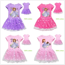 Girls Dresses Cartoon Princess Sofia the First Print Cotton Summer Dress Short Sleeve Star Moon Children Lace Christmas Costumes