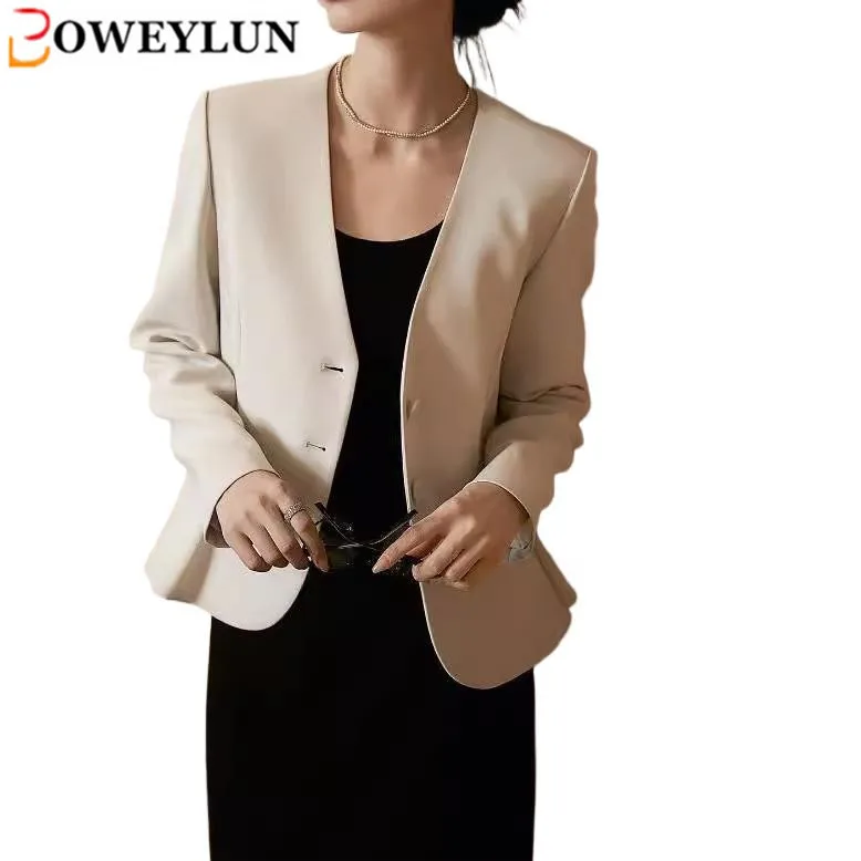 

BOWEYLUN Autumn New Casual V-neck Suit Women French Ruffle Swing Triple Acetate Suit Short Jacket Female