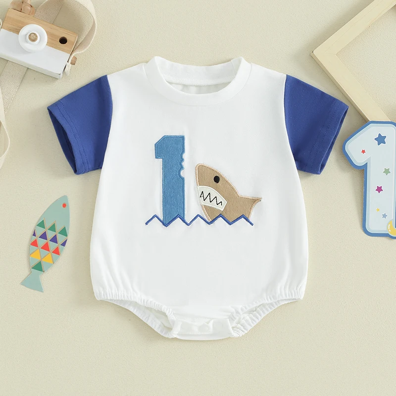 0-12 Months Baby Boy Birthday Romper Fashion Round Neck Short Sleeve Letter Shark Patch Jumpsuit Infant Summer Clothes