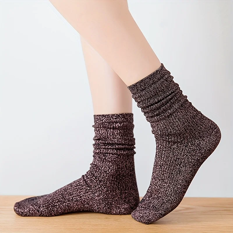 5 Pairs Of Shiny Silver Solid Color And Candy Colored Gold And Silver Thread Personalized Versatile Women's Mid Tube Socks