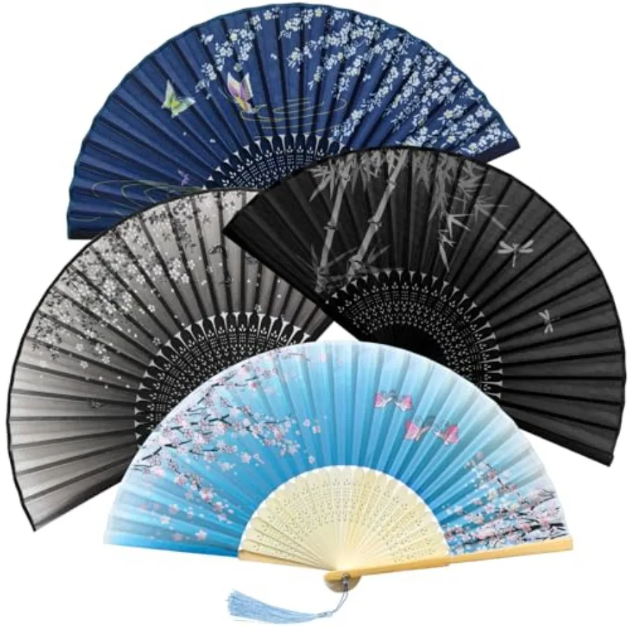 Bellanova Ensemble de 4 éventails pliants en soie et bambou avec pompon, style chinois, ventilateur pliant portable