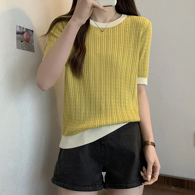 Summer Houndstooth Knit Thin Tops Oversized Pullovers Women Short Sleeve O-neck Sweaters Fashion Chic Sweet Ladies Knitwear 2023