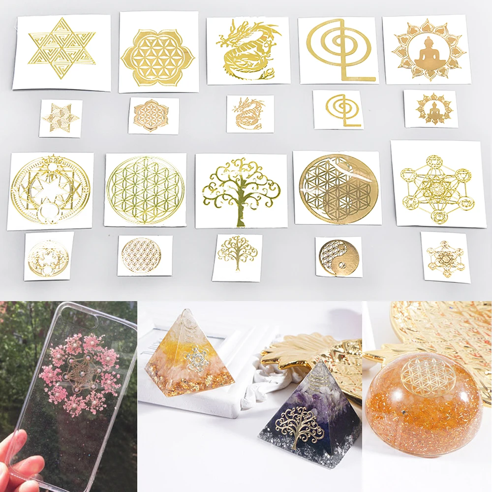 10pcs/set Geometric Pattern Metal Energy Copper Stickers Flower Life Tree Pyramid For Epoxy Resin Material Jewelry Making Decor