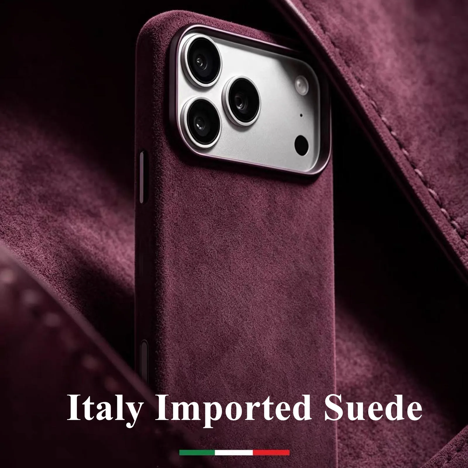 With AI Button For Magsafe Magnetic Charging Case for iPhone 18 Pro Max Burgundy Red Supercar Interior Same Suede Leather Cover