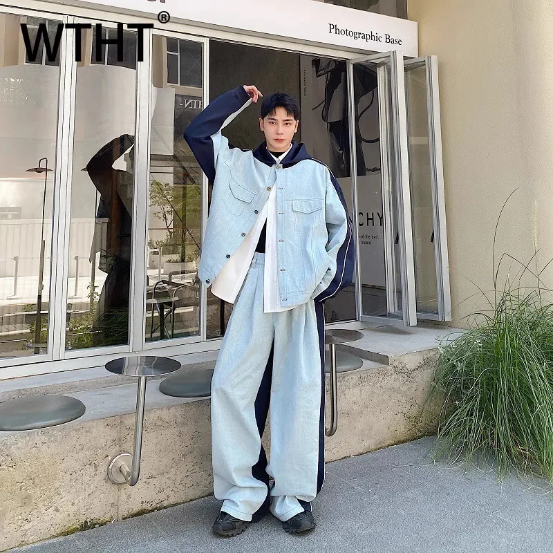 WTHT Fashion Men's Suit Spliced Hooded Long Sleeves Denim Coats Contrast Color Wide Leg Casual Jeans Set Male 2025 Autumn 2A1846