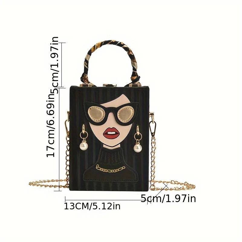 Novelty Lady face handbag, trendy chain crossbody bag, top handle box square purse for women