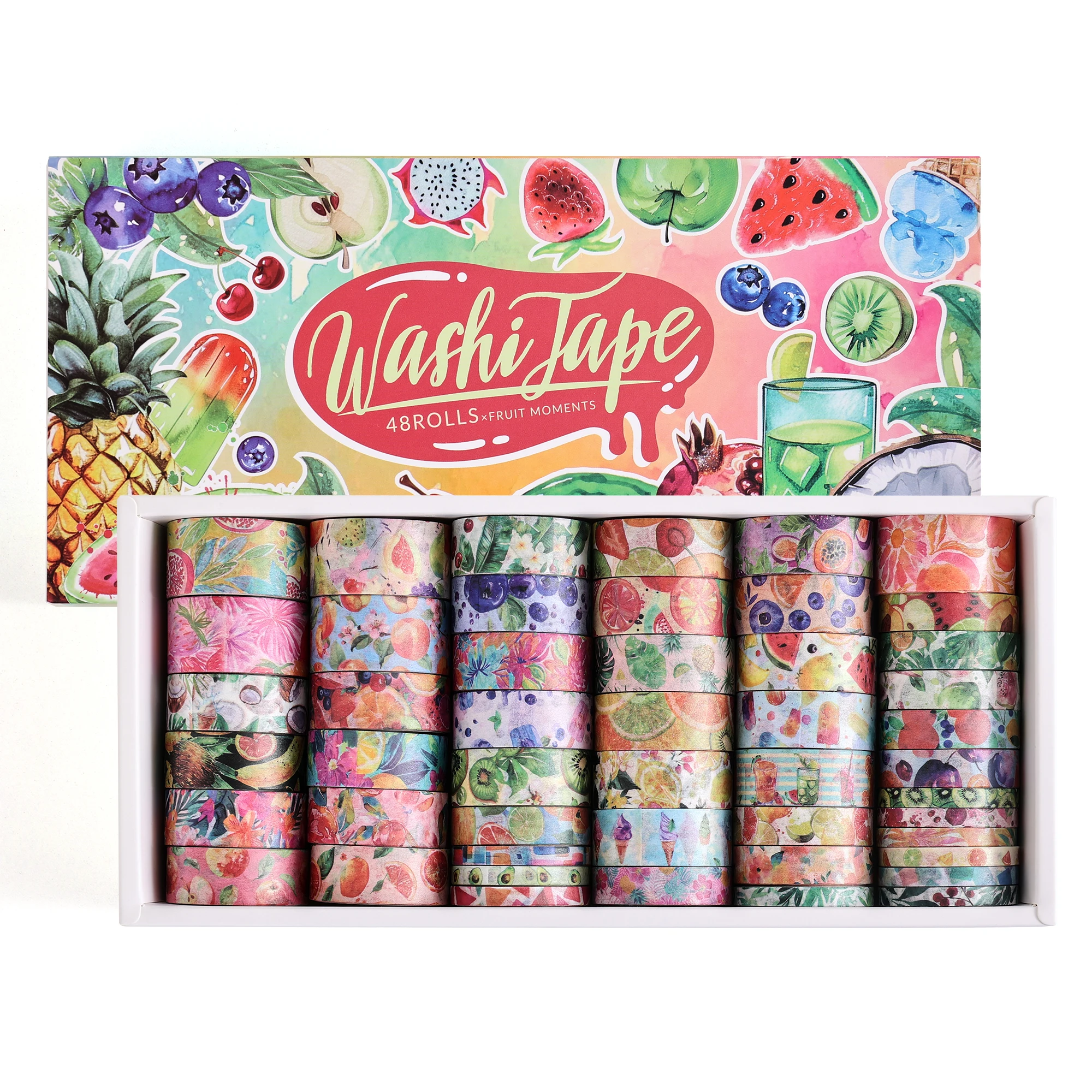48 Rollos de Cinta Decorativa Washi con Diseño de Frutas Tropicales de Verano, Cinta Decorativa de Acuarela para Scrapbooking, Bullet Journal y Manualidades