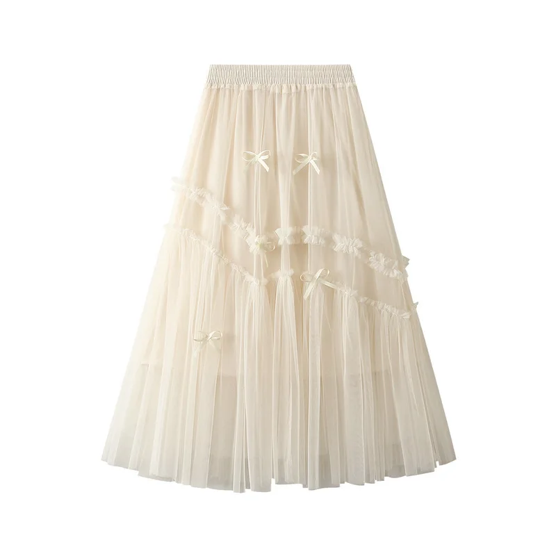 Purchase high-quality wooden ear edge patchwork mesh skirt for women's new versatile mid length large swing skirt