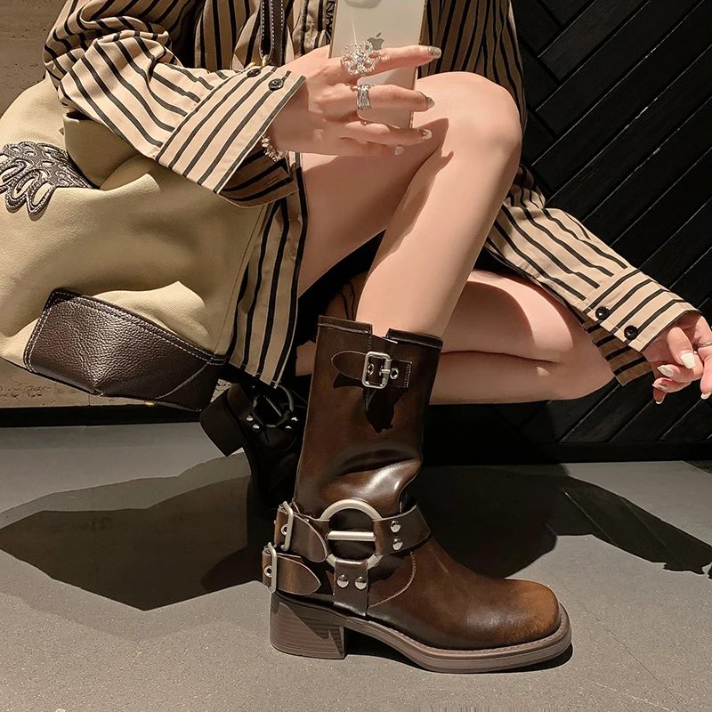 Retro Metal Buckle Decoration Women's Mid-calf Boots Platform Thick Heels Slip-on Woman Motorcycle Boots Autumn New Female Boots