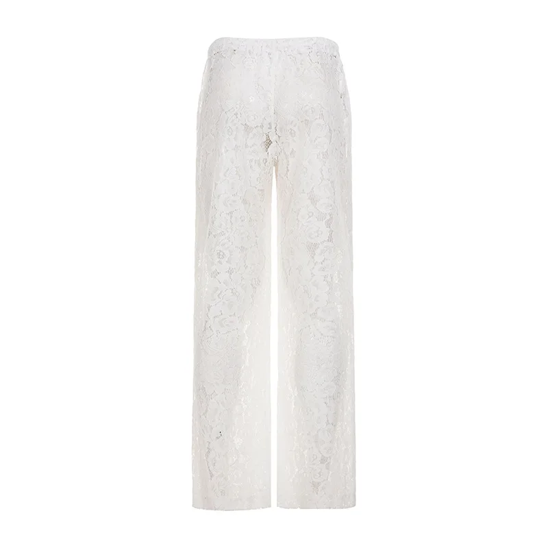 Fashion hollowed out lace patchwork perspective pants vacation style low waist drawstring straight leg pants