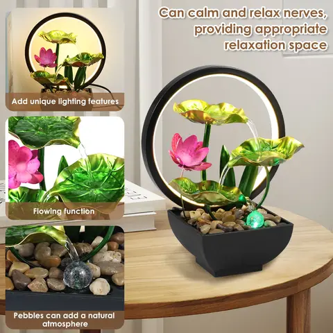 Bordfontän 3-våningar lotusblad liten vattenfallsfontän inomhus vattenfontän med stenar och LED-ringlampor skrivbord 6 best sales topstoney - №4