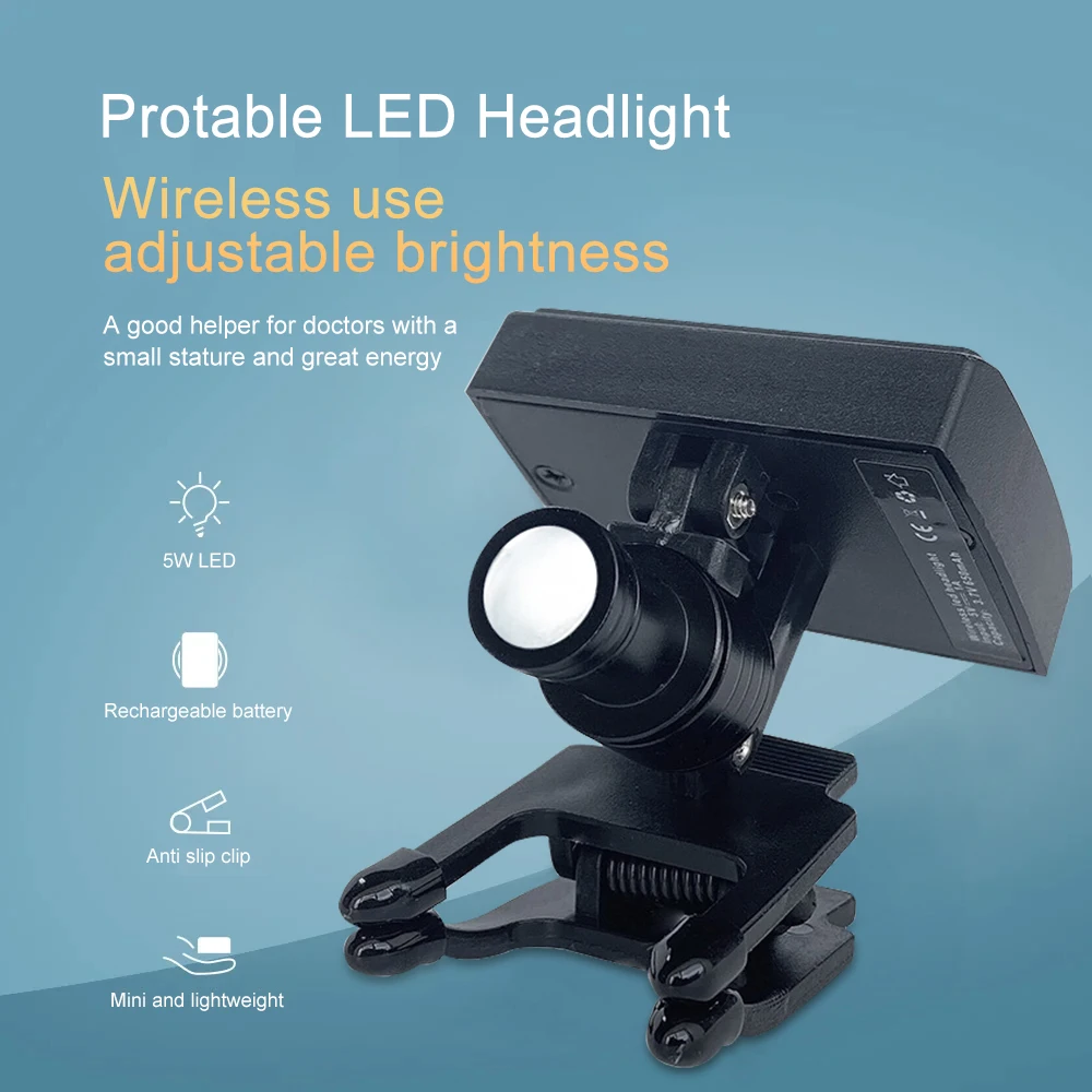 

5W Portable Dental Headlight Wireless Clip-on LED Headlamp HB Adjustable Binocular Light For Dentist Loupe Lab Medical Magnifier