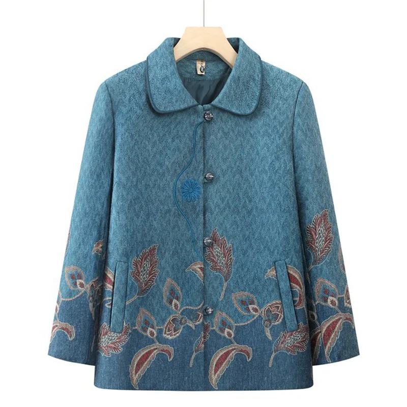 Autumn Winter Women Clothing Vintage Printed Grandma's Woolen Coat Large Size Middle Aged Mother's Spring Fall Wool Jacket