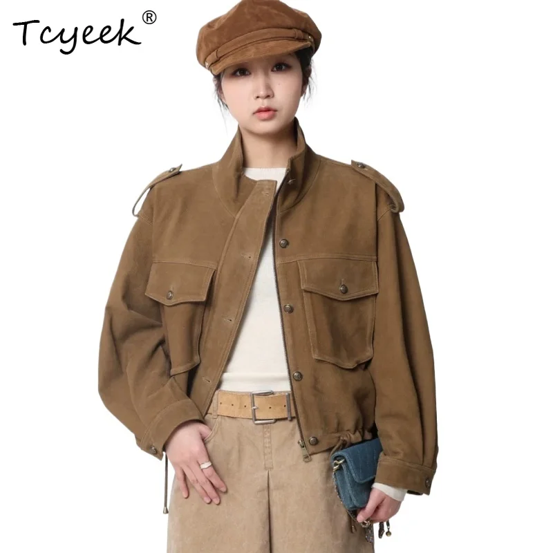 Tcyeek Genuine Leather Jacket Women Clothing Sheepskin Stand Collar Coat Loose Fit Cozy Spring Autumn Women's Coats Veste Femme