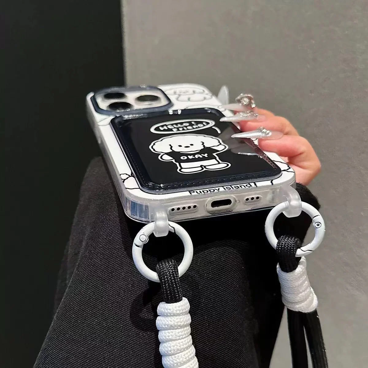 Card bag transparent black and white dog phone case with hanging rope For iPhone 11 12 13 14 15 16 pro max