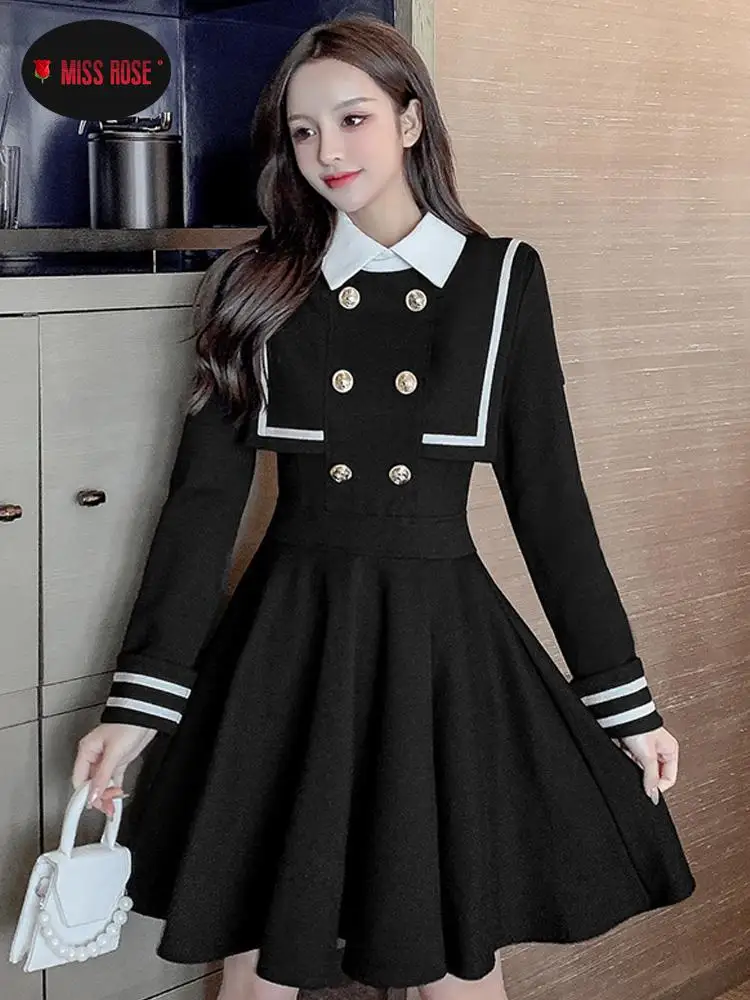 Women Lady Elegant JK Sailor Uniform Dress Party High Street Dating Romantic Vestidos Double Breasted Autumn Spring Preppy Dress