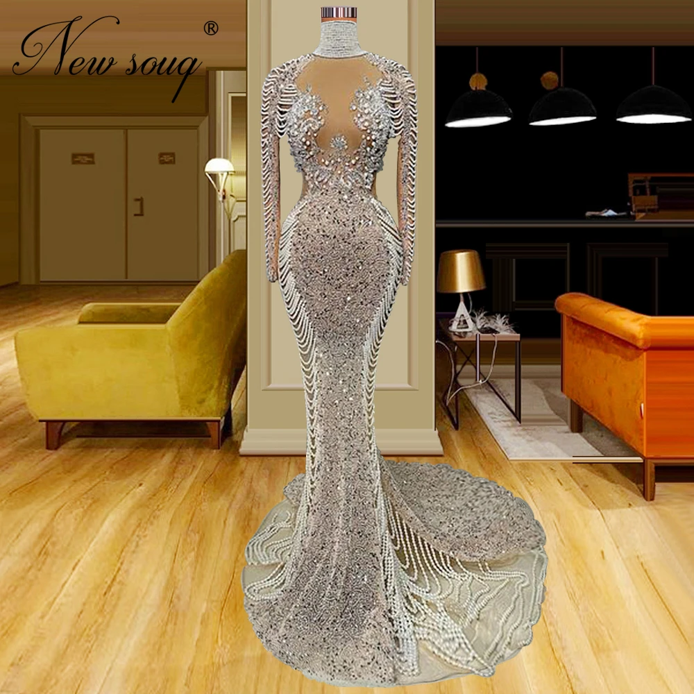 

Middle East Long Sleeves Evening Dresses Customize Beading Pearls Prom Dress For Wedding Party Dubai Women Celebrity Dress 2023