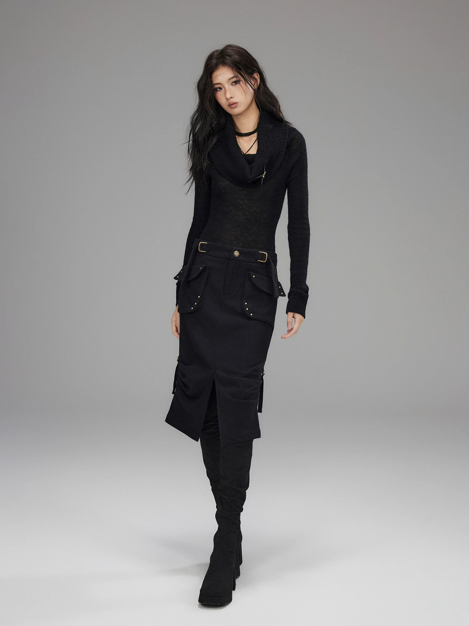 Low Pixel Woolen Workwear  Skirt Women's Vintage Low Waist Slit H-Line Mid-Length Skirt Pocket Detail Daily Wear