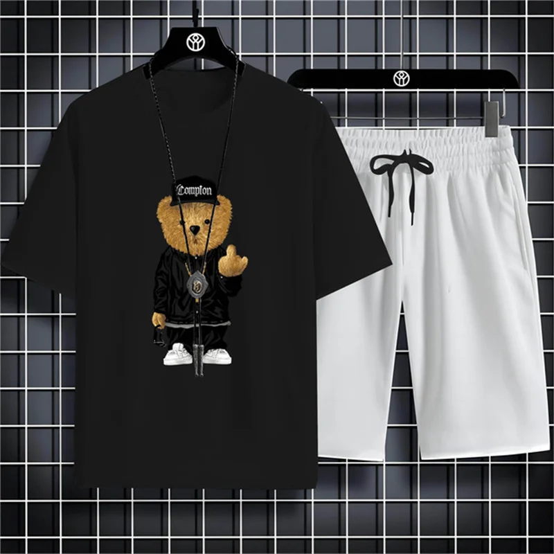 T-shirt et short College en 3D avec graphique d\'ours beurre, ensemble deux pièces, vêtements de rue à la mode, été respirant, col rond, manches