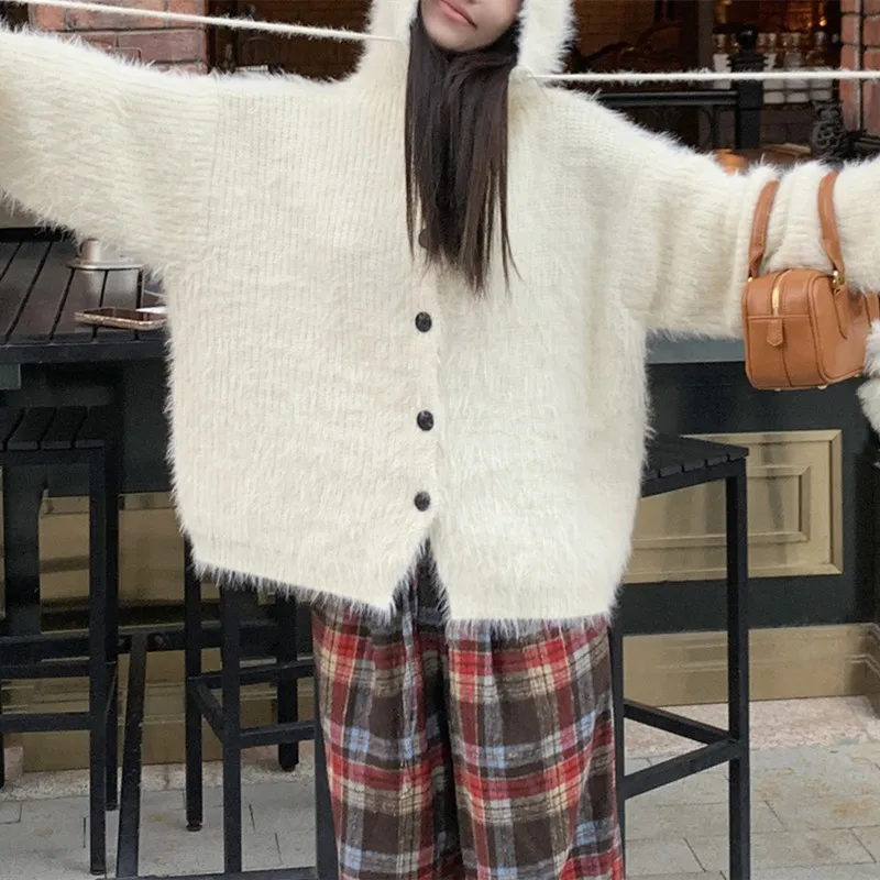 White Knitted Cardigan for Women Autumn and Winter Short Style 2024 New High-end Korean Lazy Style Sweater Jacket image 6
