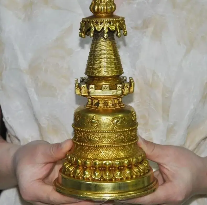 

8'' bronze 24k gold gilt Buddha Tower stupa pagoda Exorcism fengshui statue