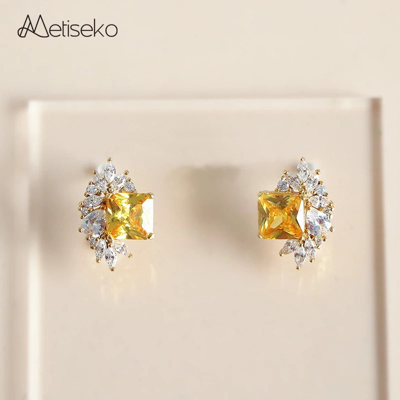 Metiseko 925 Sterling Silver Light Yellow Cubic Zirconia Stud Earrings for Women Retro French Style Luxury Earrings for Gift