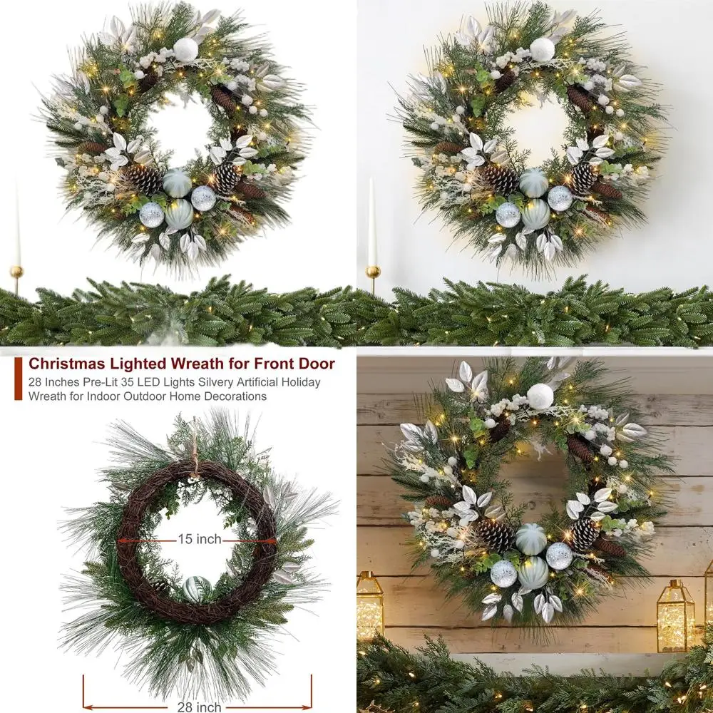 

28-дюймовый предварительно освещенный светодиодный рождественский венок с серебряными украшениями для уличного и внутреннего праздничного декора