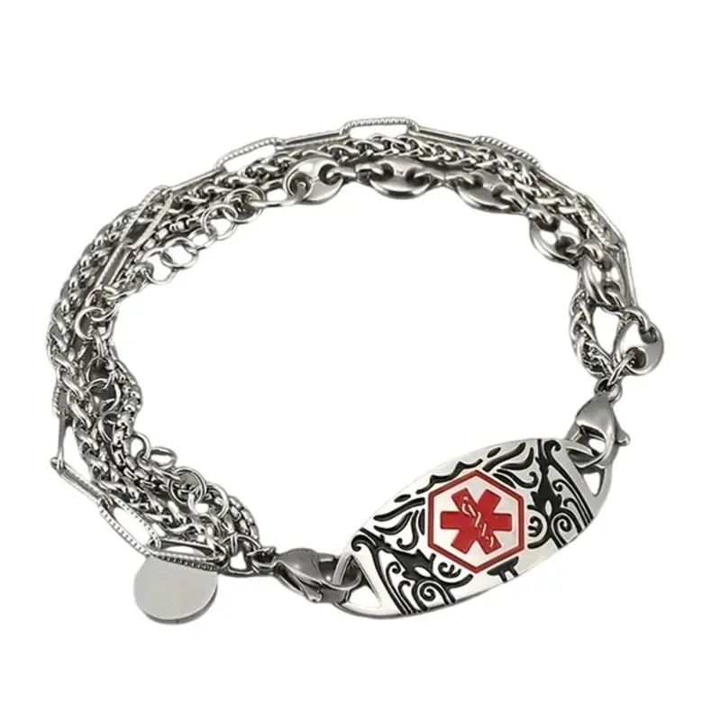 A52E Emergency Information Bracelet with Oval Front Plate and Polished Chain Look