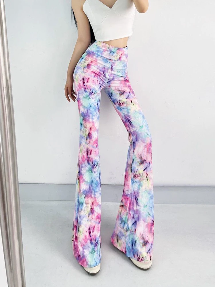 Sexy High Waist Striped Flare Pants Women Streetwear Print Tie Dye Slim Pantalones Vintage Lenggings Spodnie Aesthetic Trousers