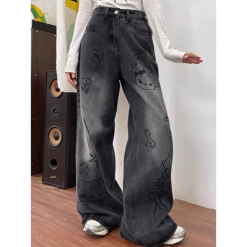 

Deeptown Y2k Cartoon Women's Jeans Vintage Wide Leg Overzised Denim Pants Japanese Harajuku Fashion Trousers Hip Hop Streetwear