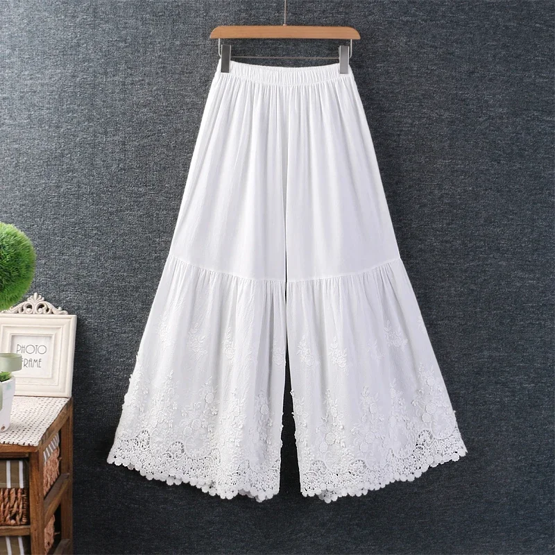 Spring Summer Sweet Mori Girl Hollow Out Embroidered Wide Leg Pants Women Korean Style Elastic Waist Solid Color Cotton Pants