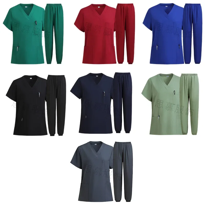 

Эластичный скраб-топ с v-образным вырезом и короткими рукавами для мужчин и женщин. Быстросохнущий летний набор скрабов для врачей.