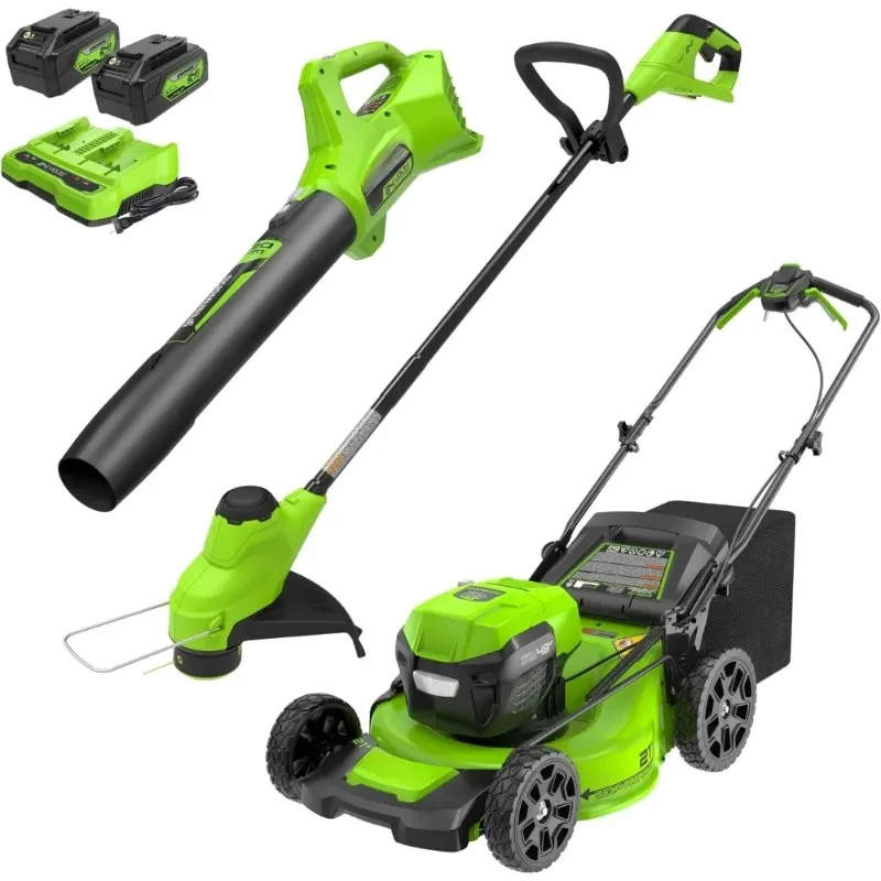 

2 x 24V 21" Brushless Cordless (Self-Propelled) Lawn Mower + Blower (320 CFM) + 12" String Trimmer, (2) 5.0Ah Batteries