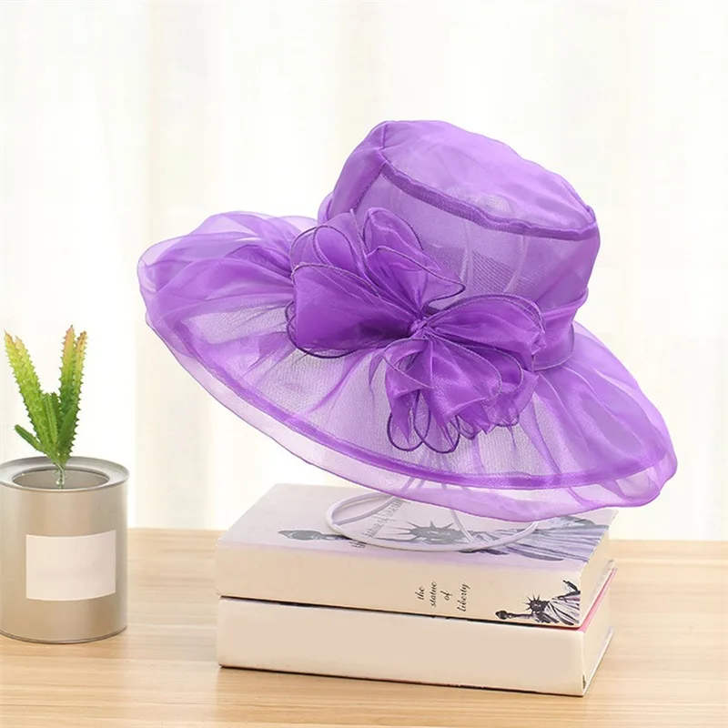 Elegant Bow Lady Hat Summer Organza Wide Brim Sunscreen Kentucky Derby Hats For Women Church Wedding Beach Sun Cap Foldable