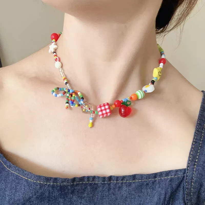 Cute Harajuku Cartoon Fruit Bow Colorful Beads Choker Necklace Egirl Goth Vintage 2000s Y2K EMO Jewelry Aesthetic Accessories