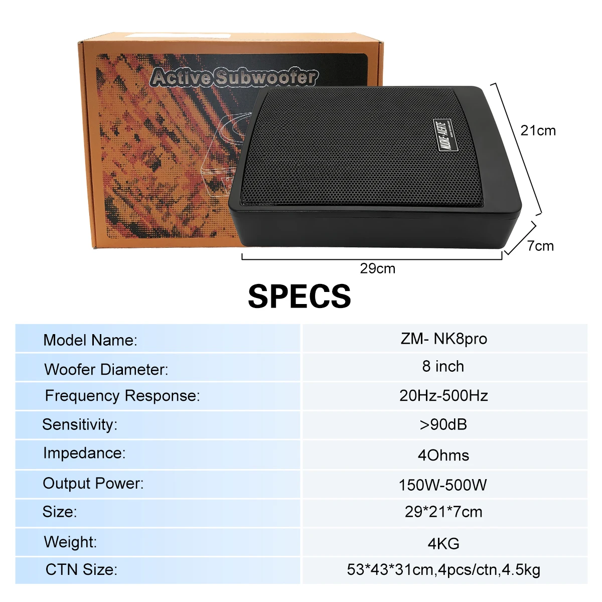 High-quality 8-inch car active subwoofer, 500W car flat-panel speaker, subwoofer, car seat subwoofer