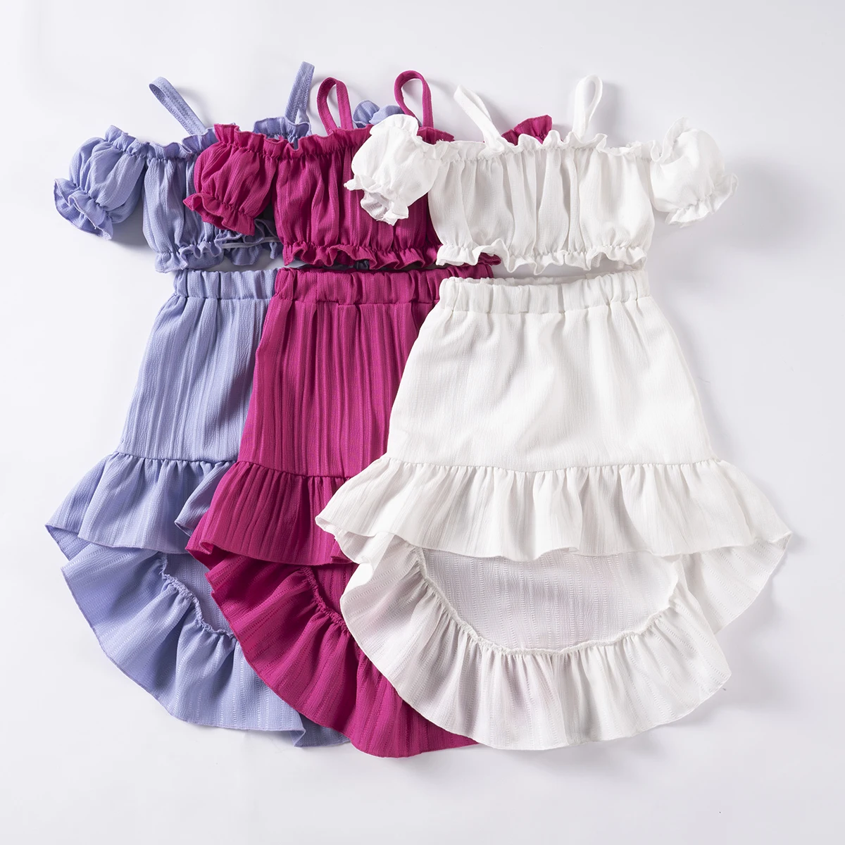 Summer New Fashion Suit 0-5Y Toddler Girl Camisole Top Half Skirt Set Bubble Sleeve Top Irregular Hem Trendy Two Piece Set