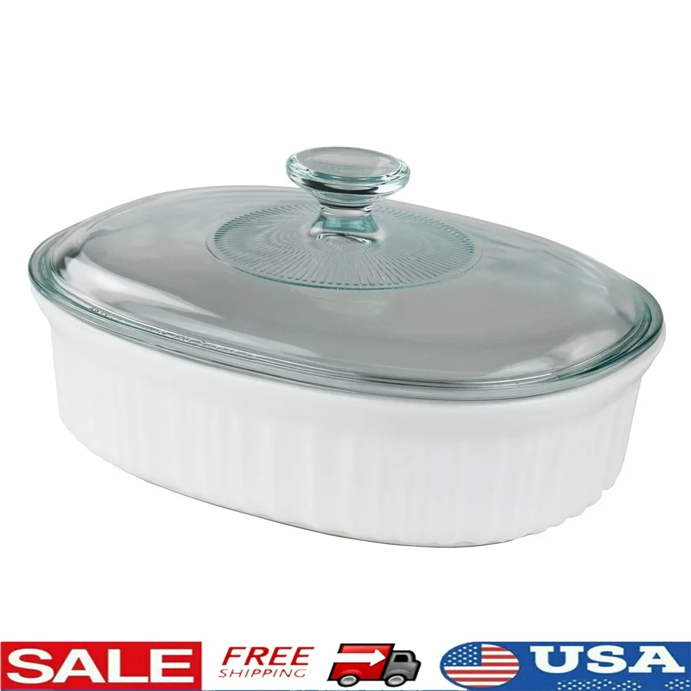 Cazuela de cerámica blanca francesa, juego de utensilios para hornear seguros para horno con tapa de vidrio, gres duraderos no porosos, cocina para mesa Ideal